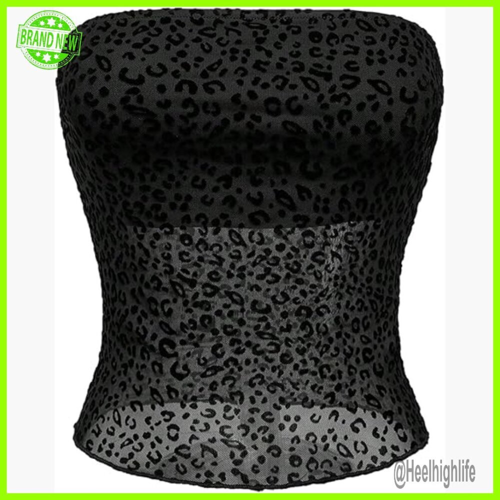 Leopard Mesh Strapless Tube Top Sleeveless Bandeau Crop Top